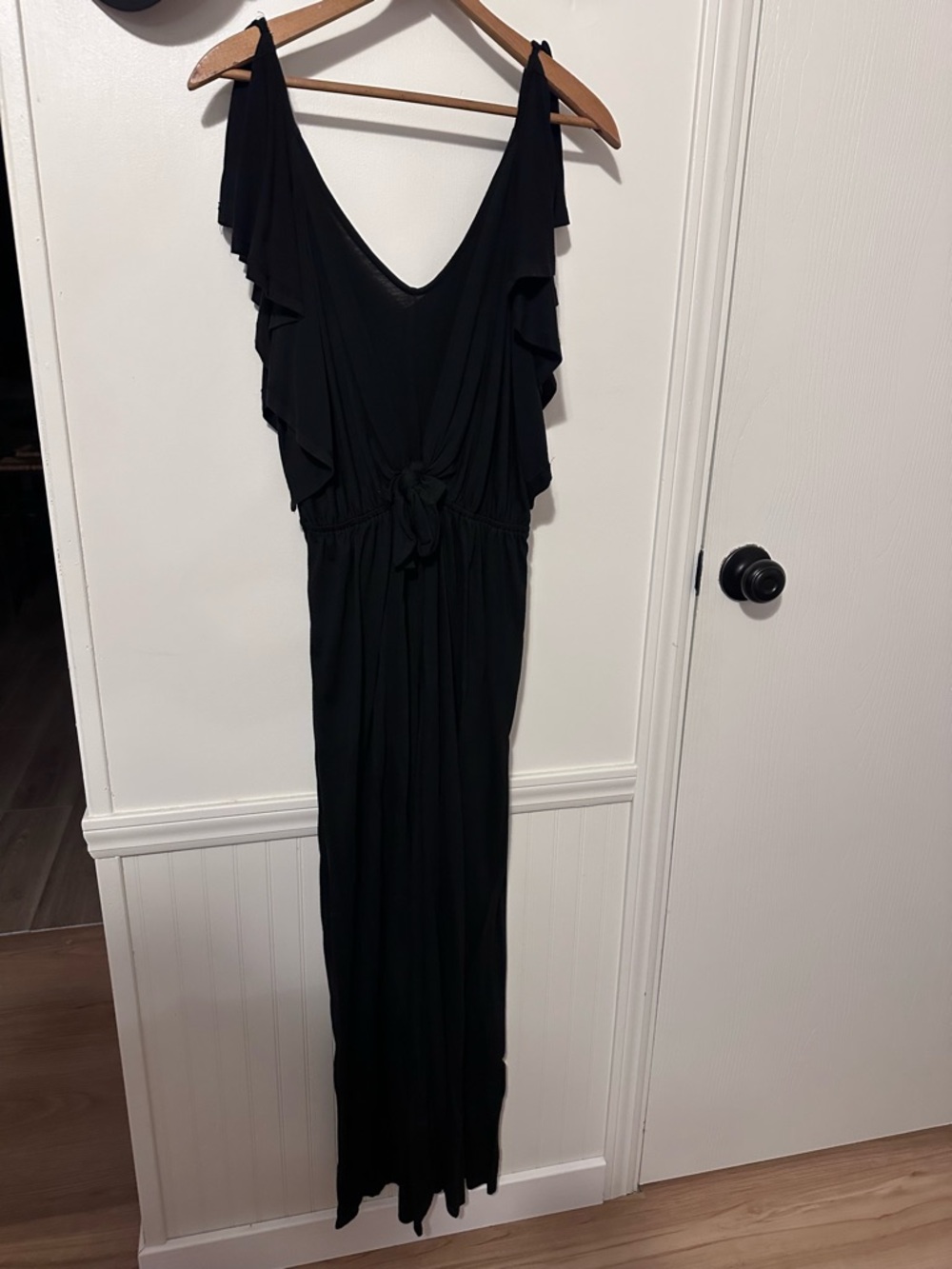 Black V-Neck Ruffle Strap wide leg jumpsuit